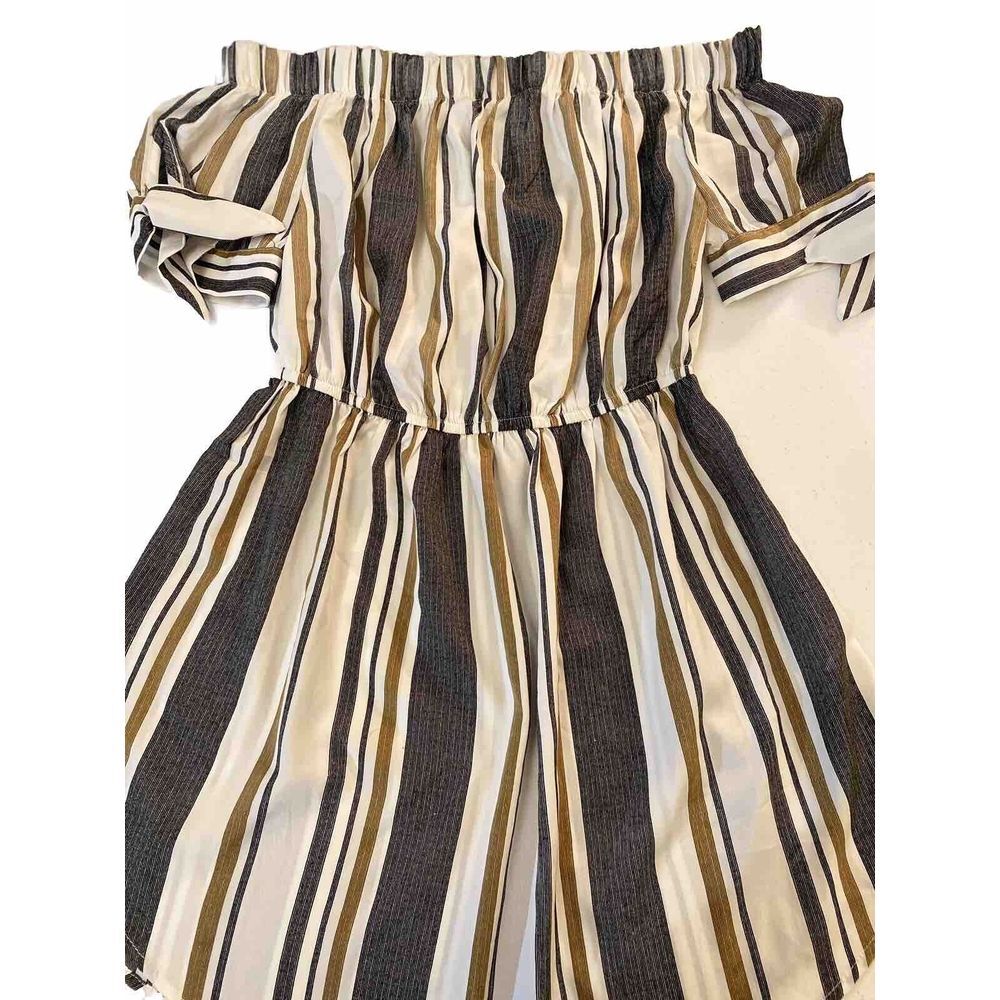 Blush Off The Shoulder Mini Dress Womens Size S Striped Black White Tan Neutral - Picture 2 of 6